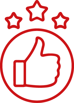 Sello de confianza, mano con pulgar hacia arriba y tres estrellas.